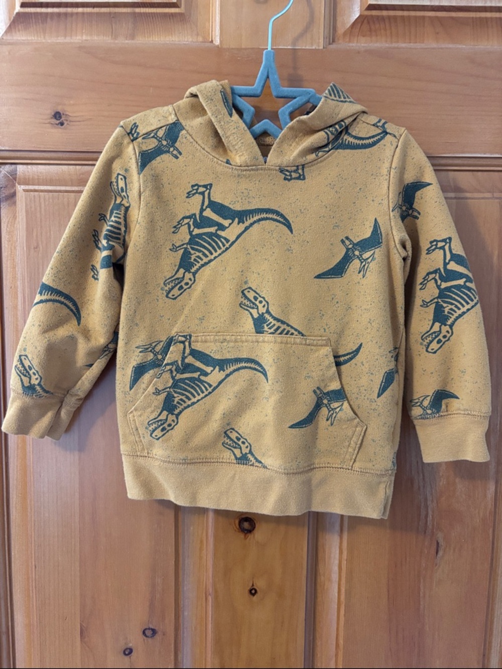 5/$25 Carter's Mustard Hooded Sweatshirt with Dark Green Dinosaur Print
